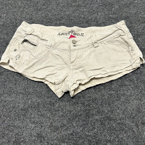 Almost Famous Pants - Almost Famous Shorts Womens Size 7 Beige Denim Low Rise Distressed Mini Casual